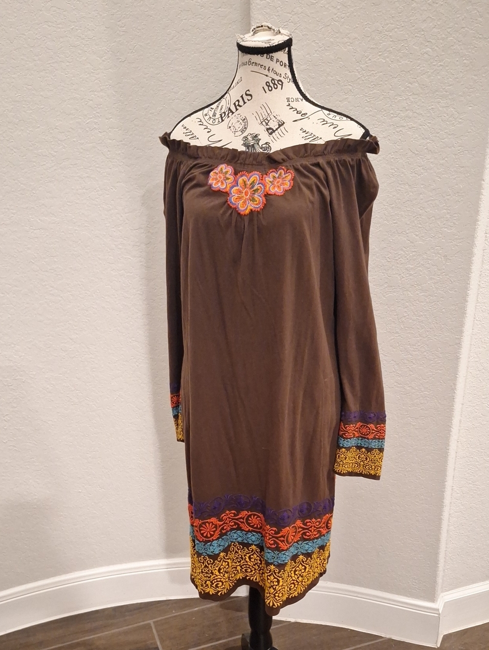 Johnny Was Embroidered Boho Long Sleeve Cotton Dress Brown Floral Size Medium